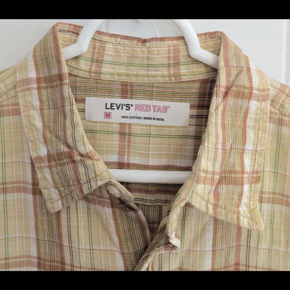 Levis Shirt Mens M Medium Med Plaid Red Tab Khaki Checkered Short Sleeve Button - Picture 2 of 4